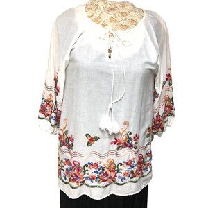 Gauze Tunic Top Women's L‎ Tassels Scallop Embroidered Floral Fairy Cottagecore